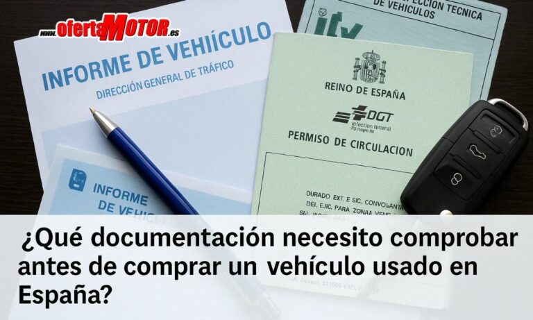 Una pila de documentación oficial de un vehículo usado en España, incluidos los permisos de matriculación y circulación, con una llave del coche y un texto preguntando sobre las comprobaciones necesarias antes de comprar un coche de segunda mano. - ofertamotor.es